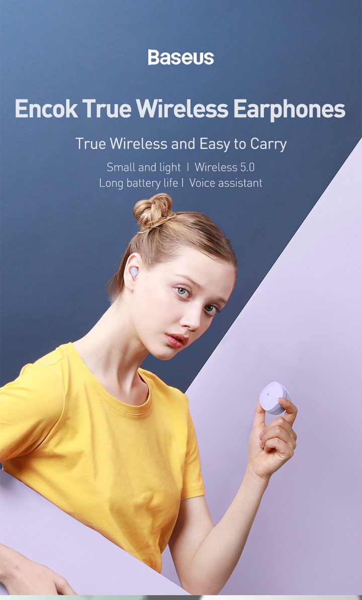 Baseus. Encok true wireless Earphone, True wireless and easy to carry, small and light, wireless 5.0, Long battery life, voice assistant