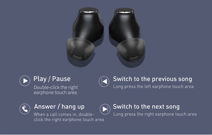 Play/Pause: Double click the right earphone touch area.

        Answer/hang up: When a call comes in, double-click the right earphone touch area.
        
        Switch to the previous song: Long press the left earphone touch area.
        
        Switch to the next song: Long press the right earphone touch area.