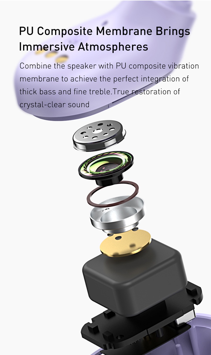 PU Composite Membrane Brings Immersive Atmospheres. Combine the speaker with PU composite vibration membrane to achieve the perfect integration of thick bass and fine treble. True resolution of crystal-clear sound.