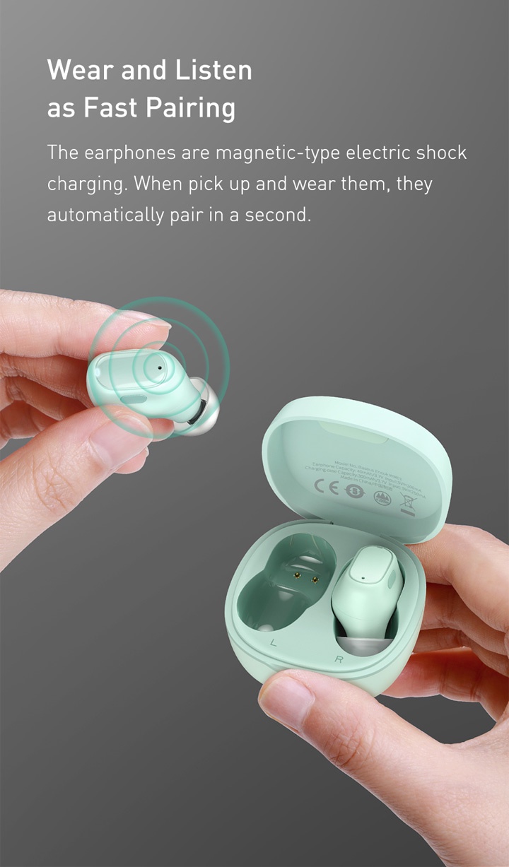 Wear and listen as fast pairing, the earphones are magnetic-type electric shock charging. When pick up and wear them, they automatically pair in second.